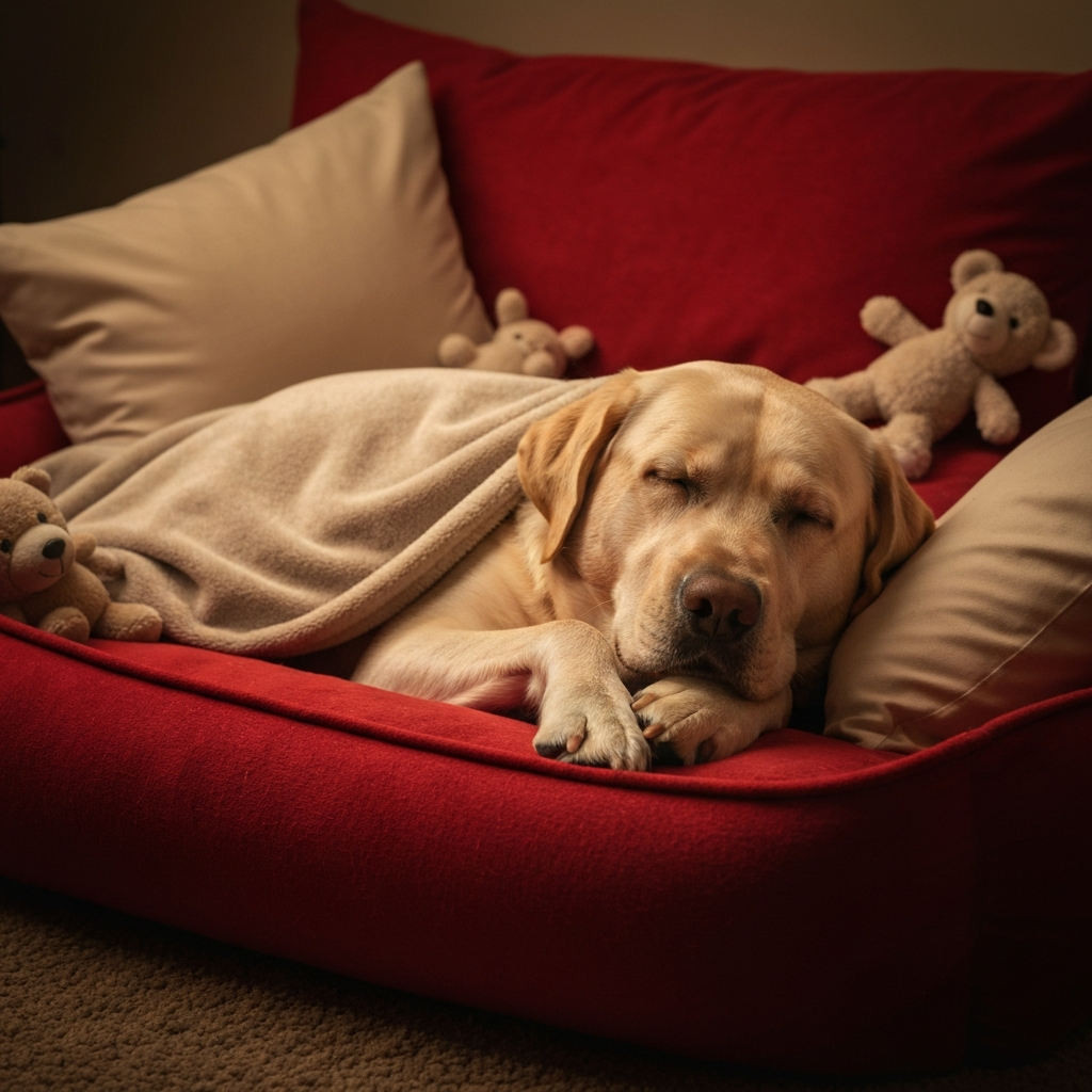 Dog relaxing comfortably at home with pet sitter