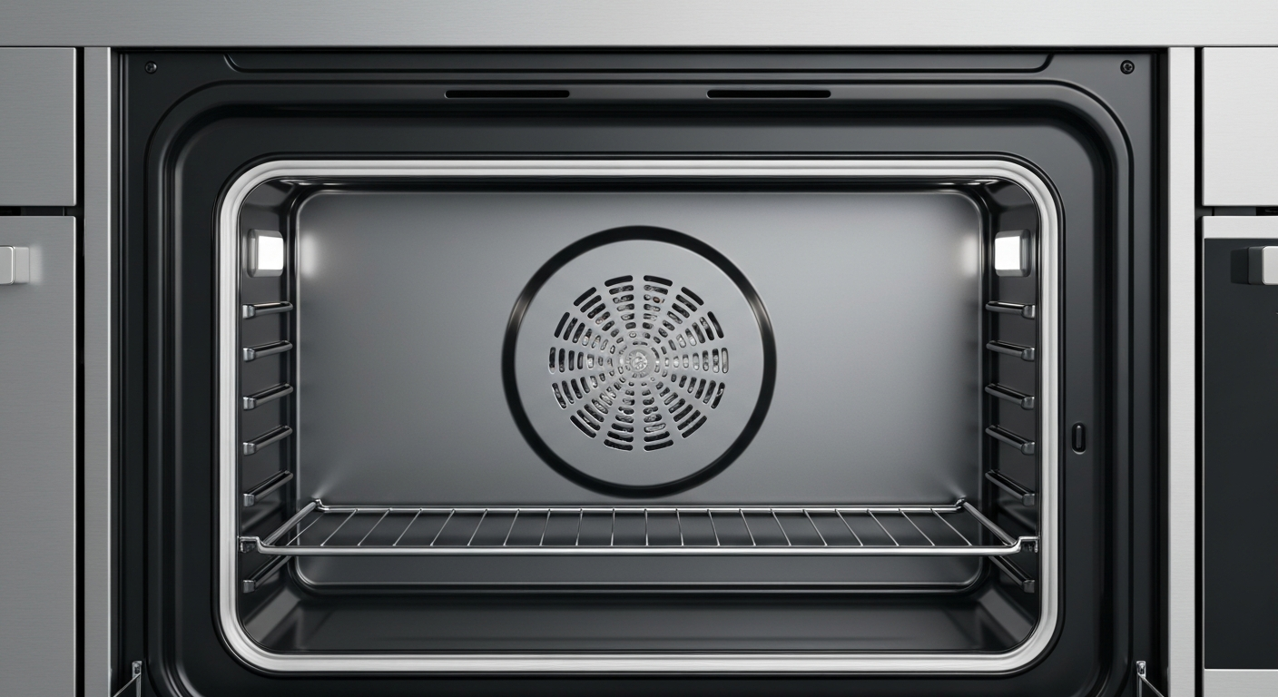 Close up of a clean modern oven interior with bright lighting in Vancouver