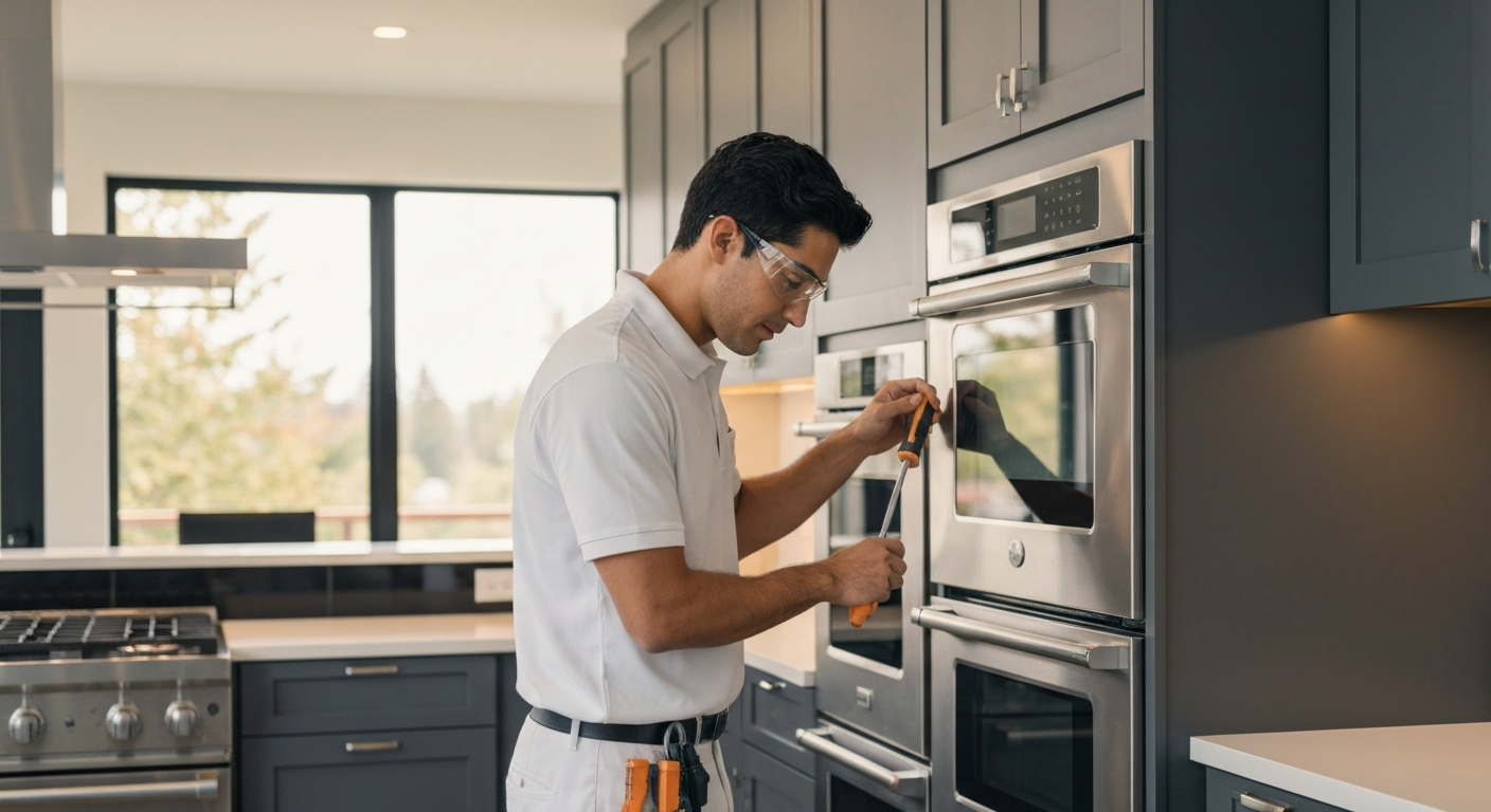 Appliance installation technician setting up appliance in Metro Vancouver home