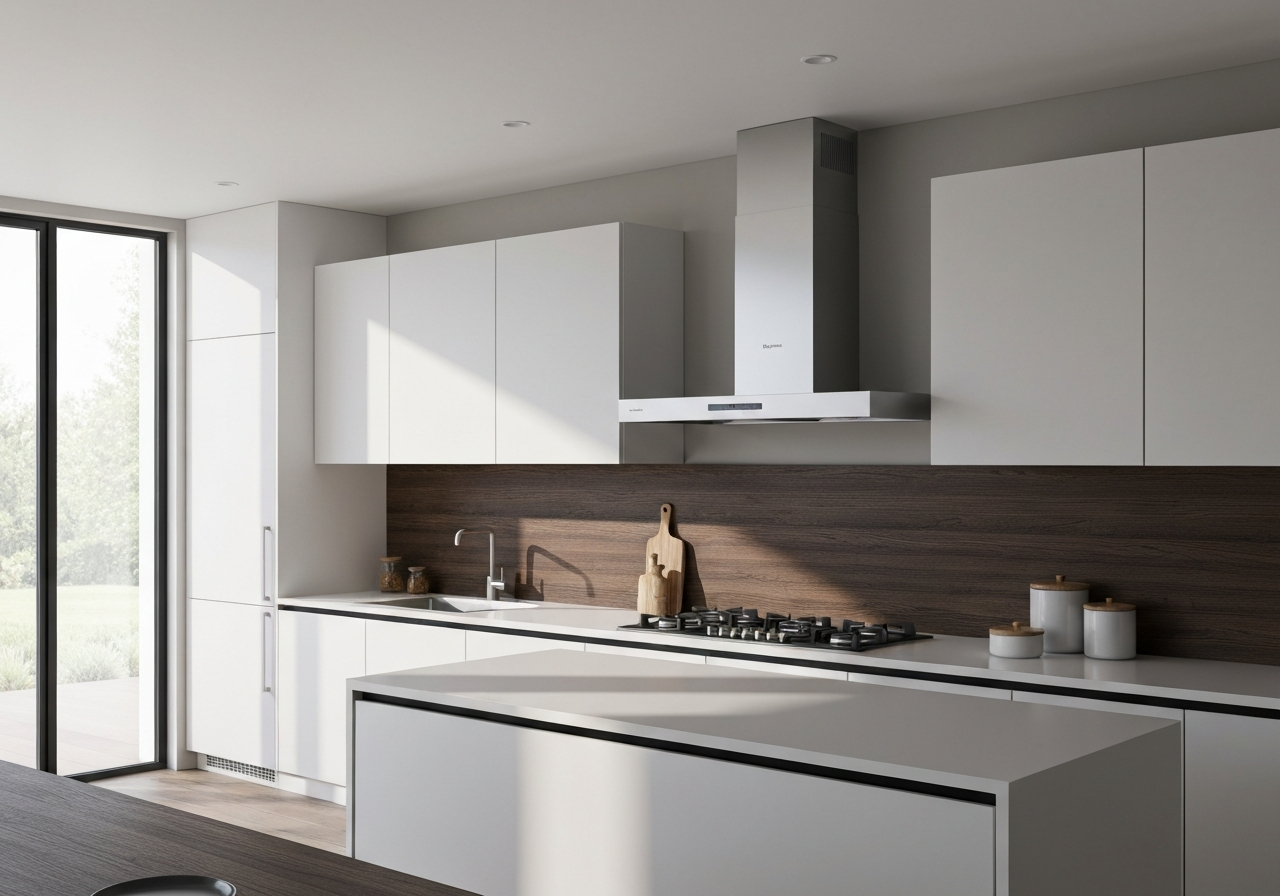 Wall-mounted chimney-style range hood in a modern kitchen