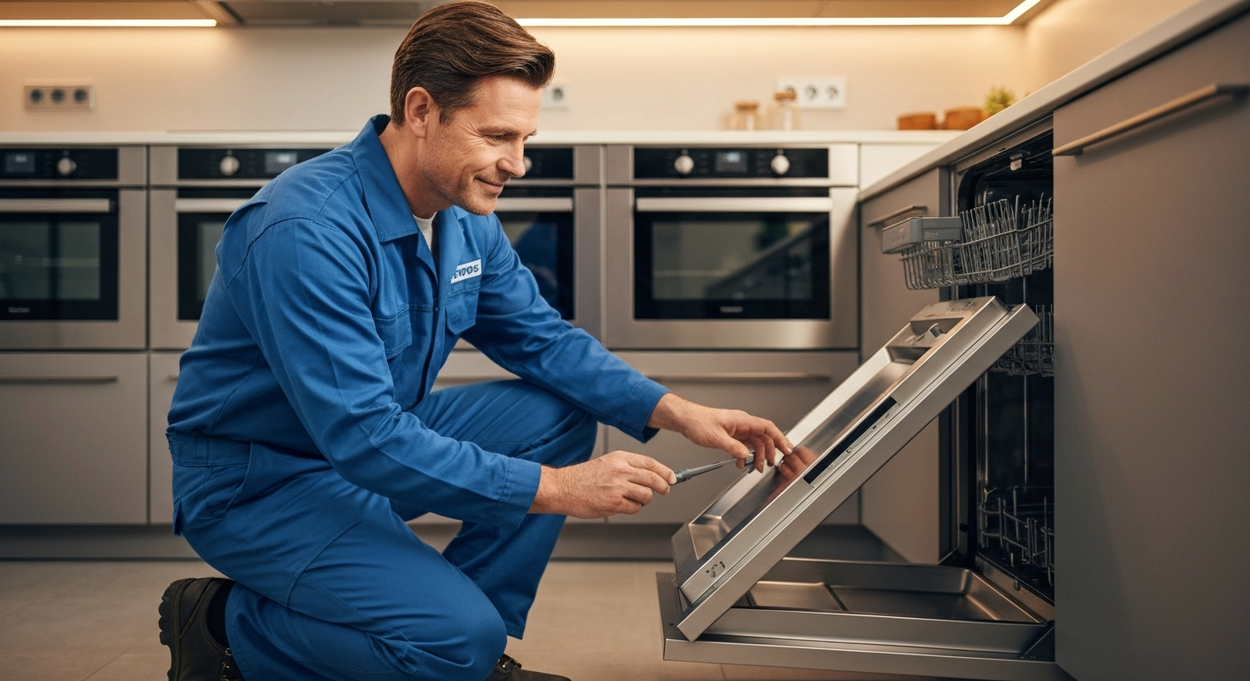 Appliance repair technician inspecting a modern dishwasher in Vancouver kitchen