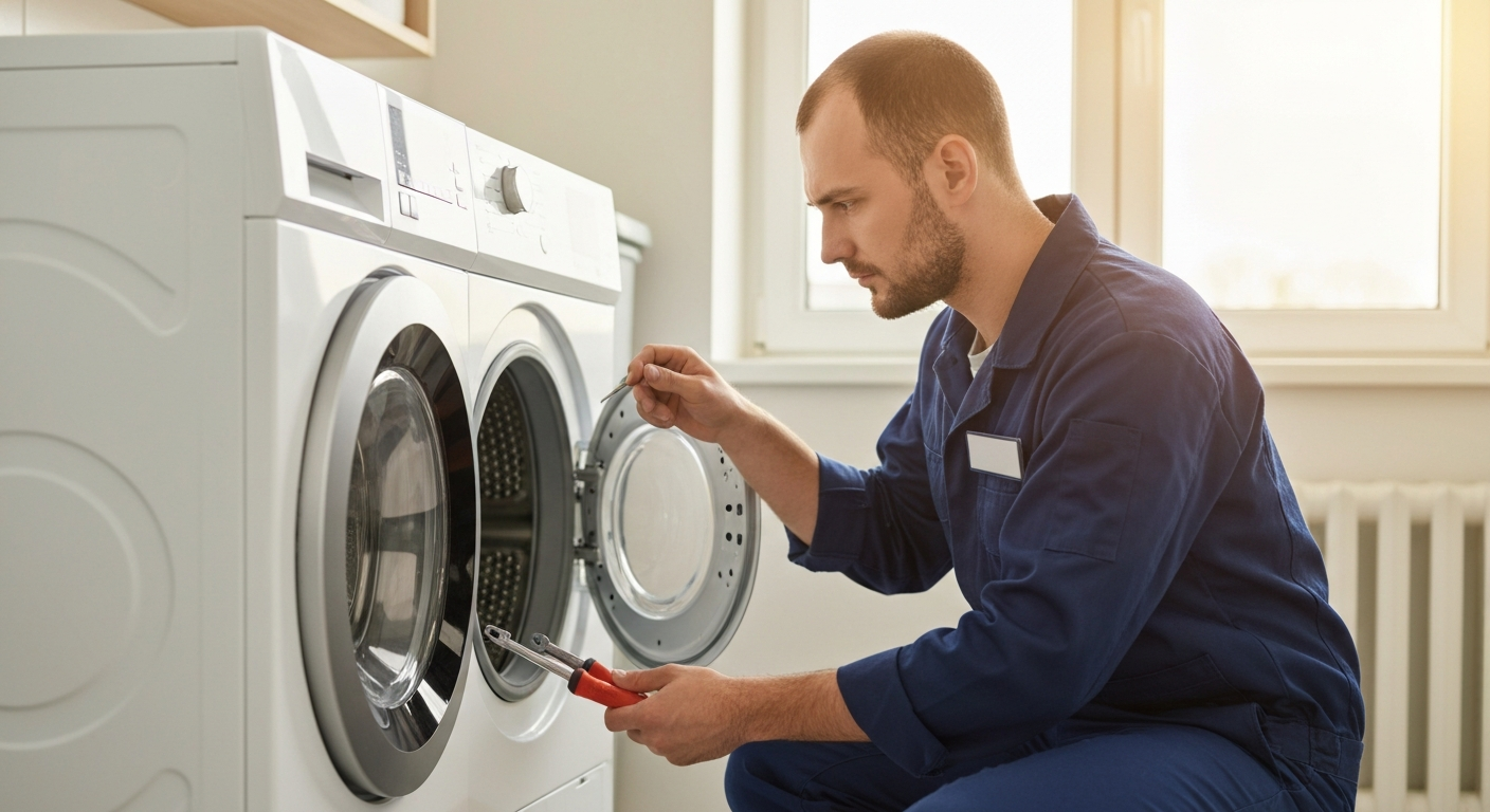 Appliance repair technician inspecting washing machine in Vancouver home