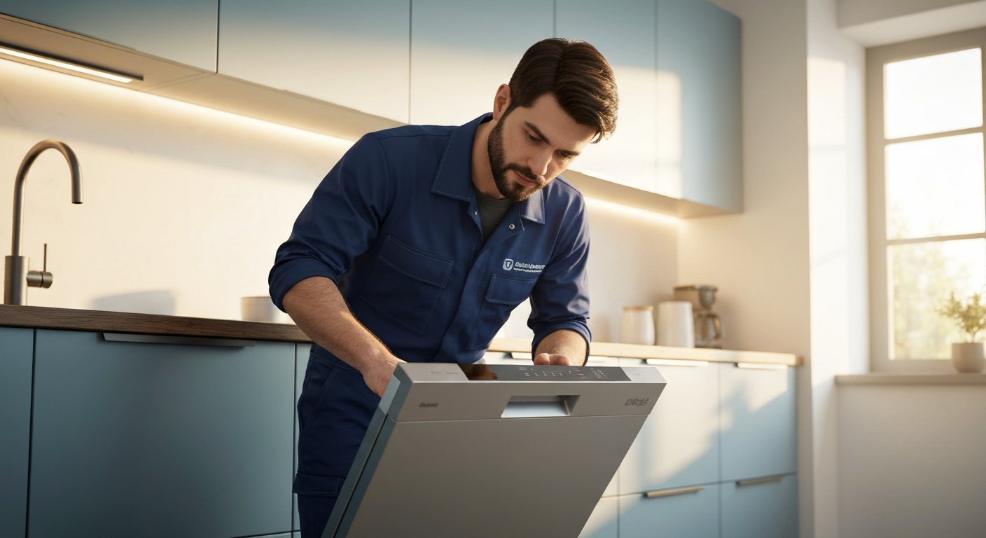 Dishwasher repair technician checking built-in dishwasher in Metro Vancouver home