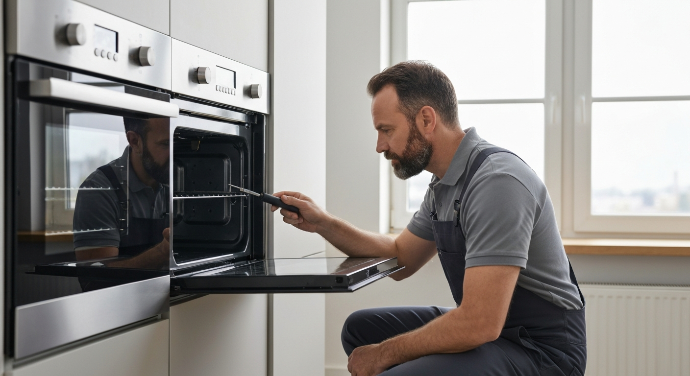 Appliance repair technician inspecting a modern wall oven in Vancouver