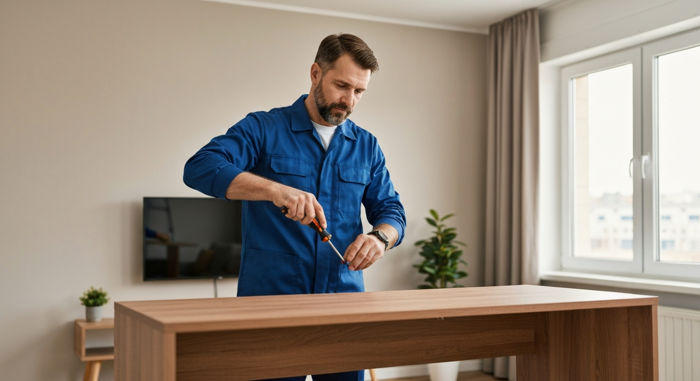 Furniture assembly handyman building flat-pack furniture in Metro Vancouver home