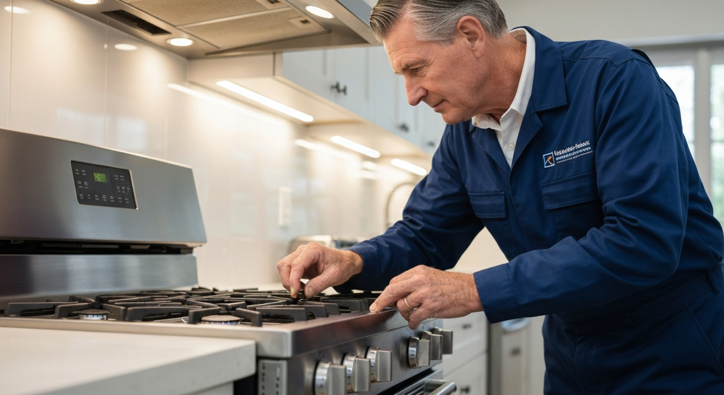 Appliance repair technician inspecting a modern kitchen stove in Vancouver