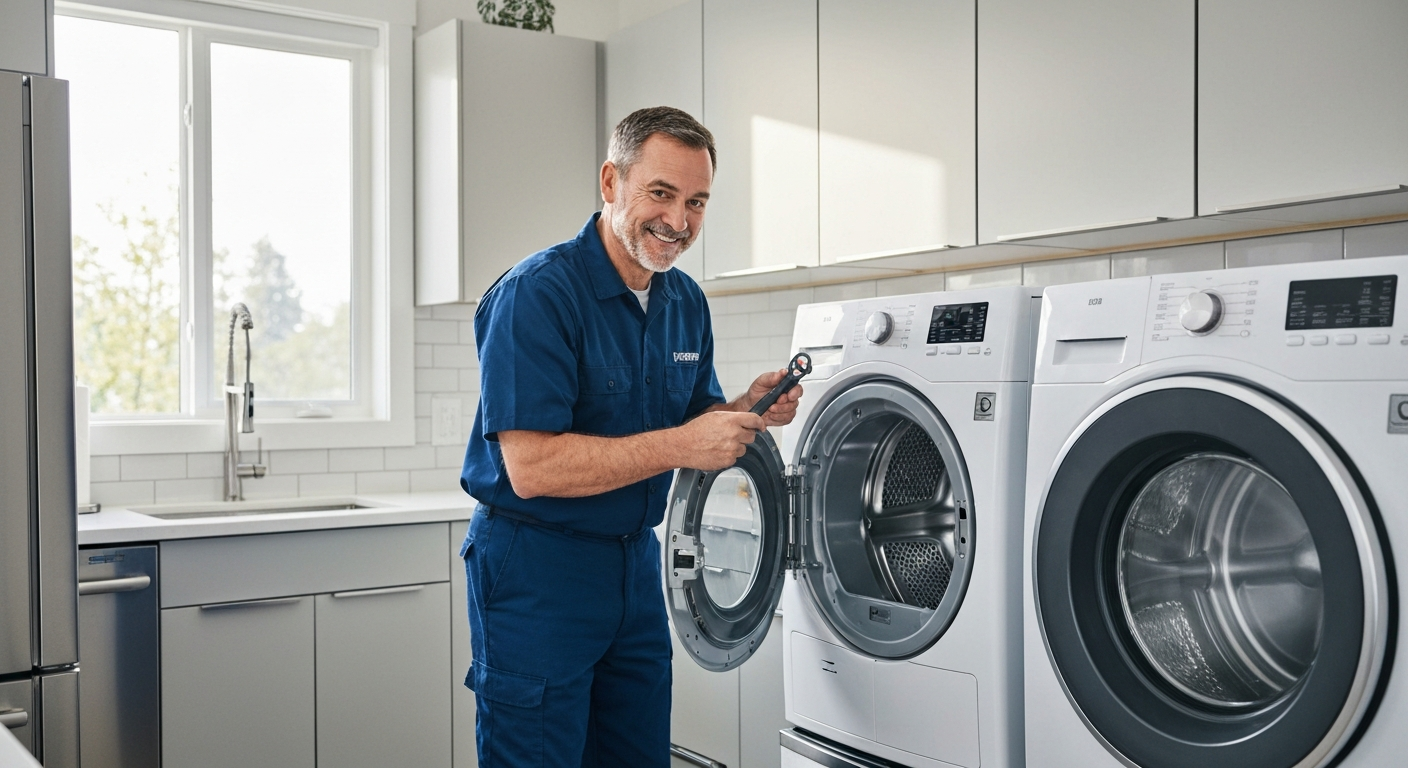 Dryer repair technician checking laundry appliance in Metro Vancouver home