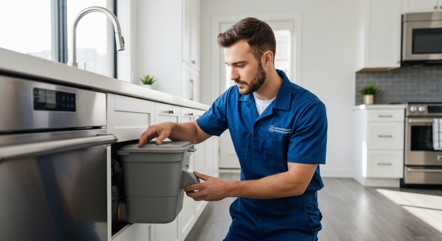 Garburator repair technician checking under sink garbage disposal in Metro Vancouver home