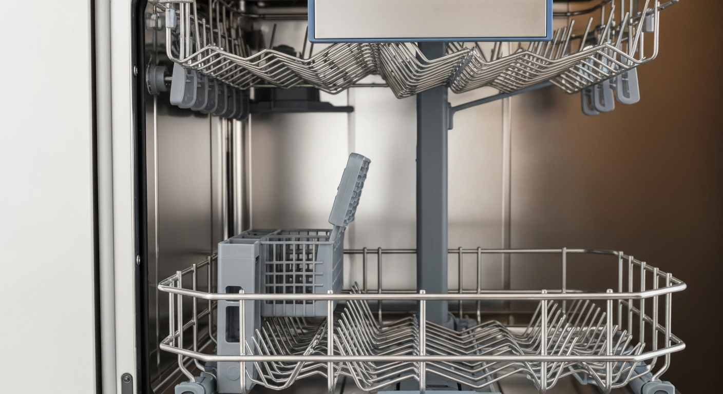 Close up of a modern dishwasher interior with racks and spray arm in Vancouver