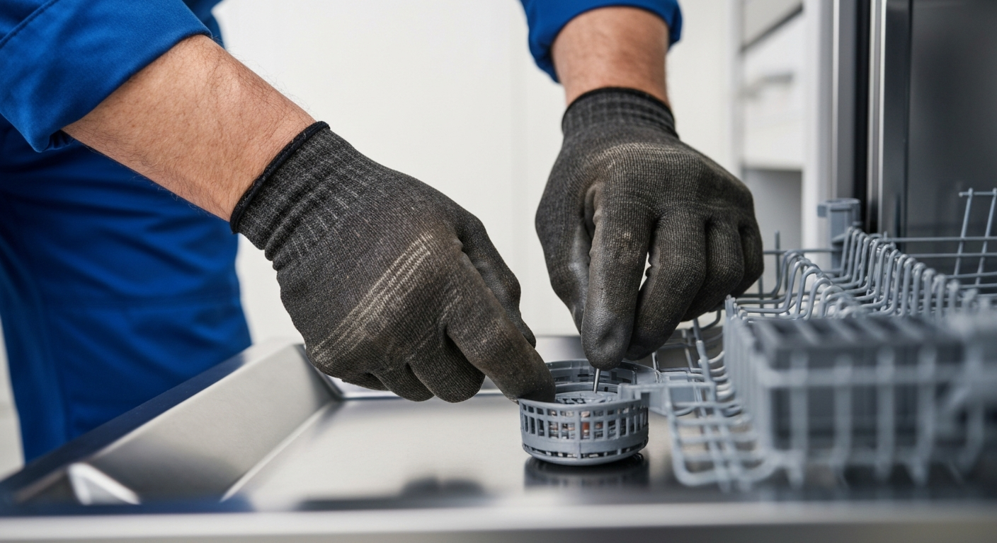 Technician inspecting dishwasher drain and filter area