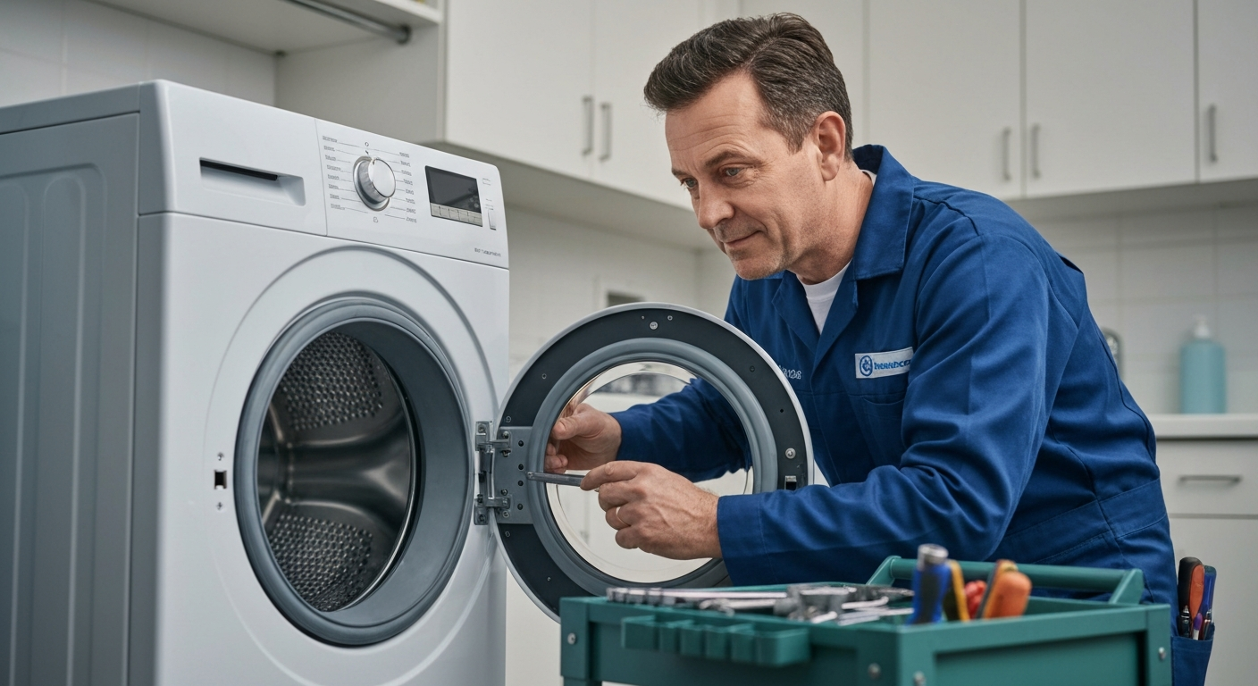 Washer repair technician checking washing machine in Burnaby home