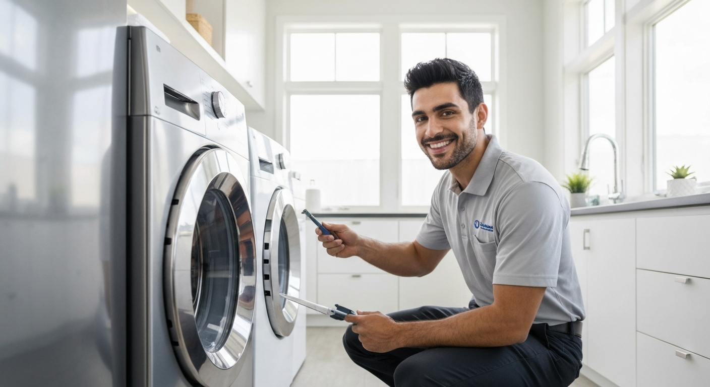 Washer repair technician checking washing machine in Metro Vancouver home