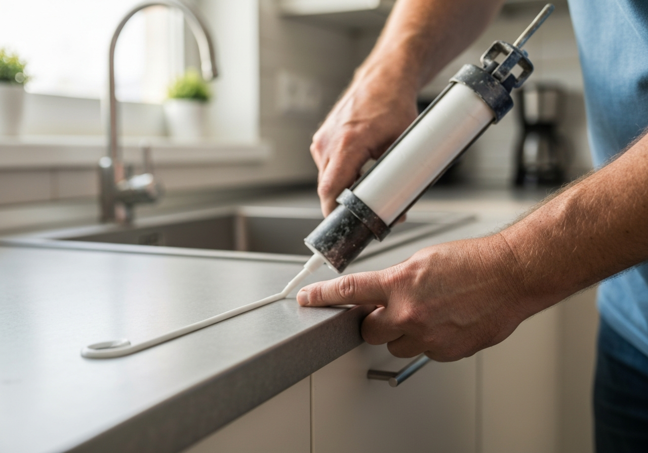 Handyman applying fresh caulk around bathtub