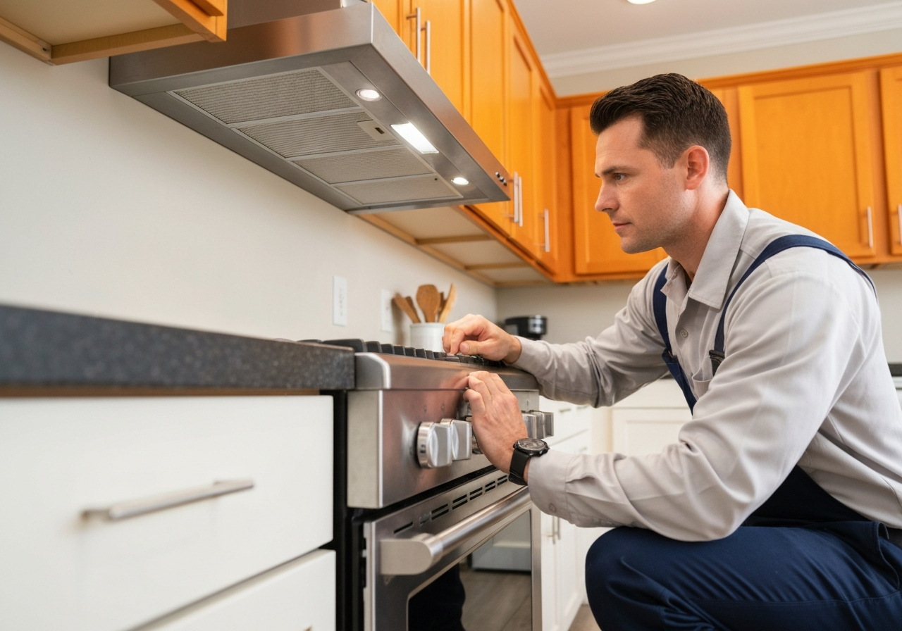 Technician inspecting range hood light and control panel