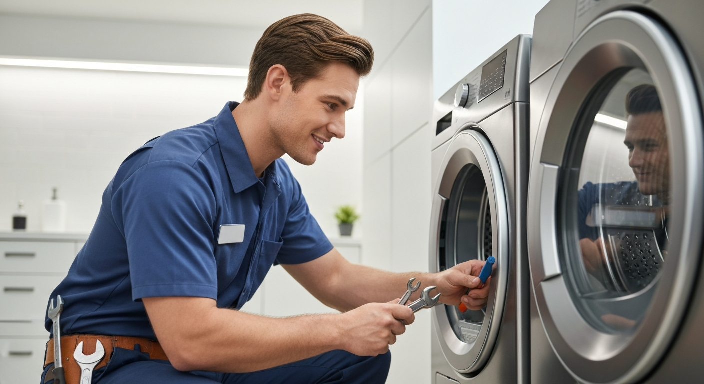 Appliance repair technician inspecting clothes dryer in Vancouver home