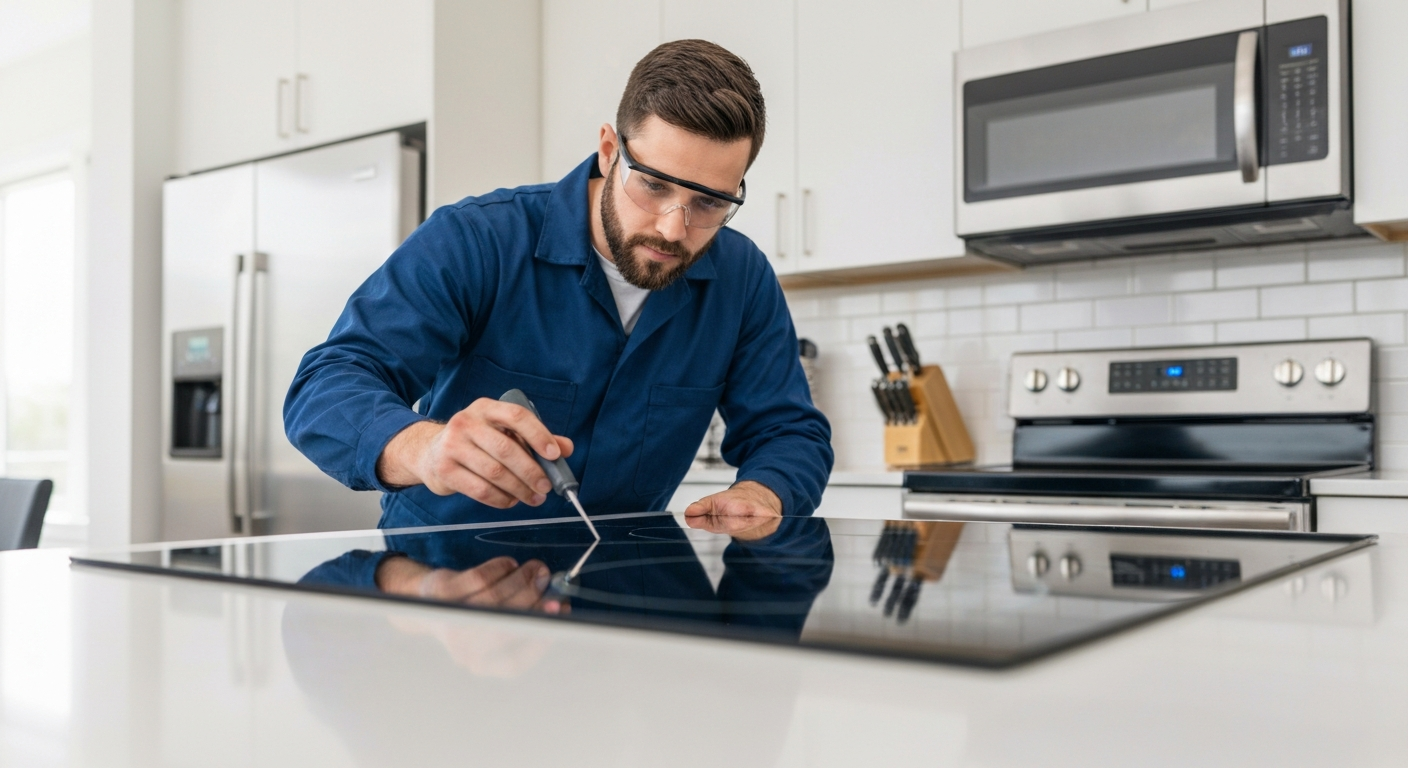 Range repair technician checking cooktop in Metro Vancouver home