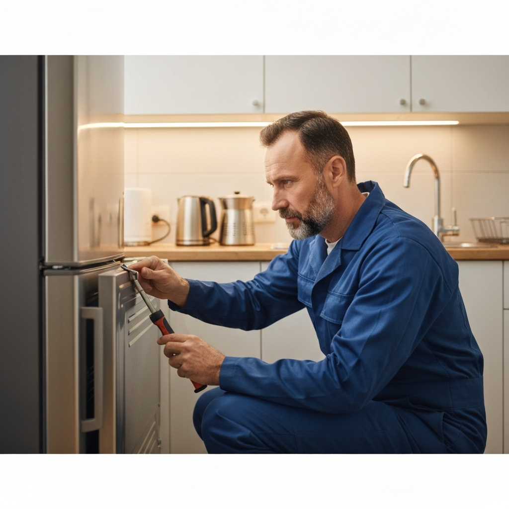 Technician inspecting fridge door seal