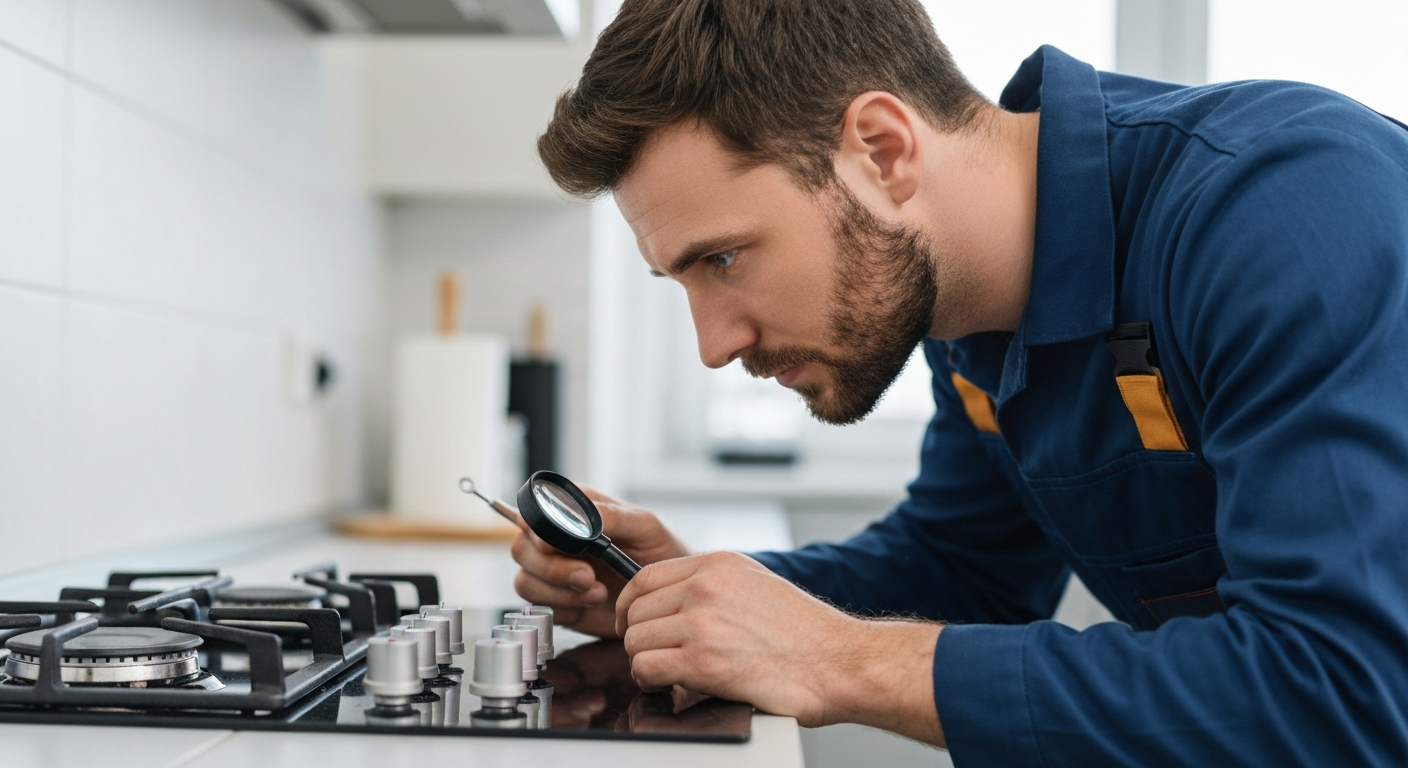 Technician inspecting gas cooktop ignition issue