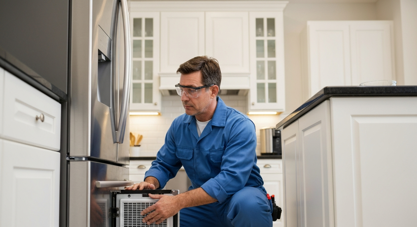Appliance repair technician inspecting refrigerator in Vancouver home