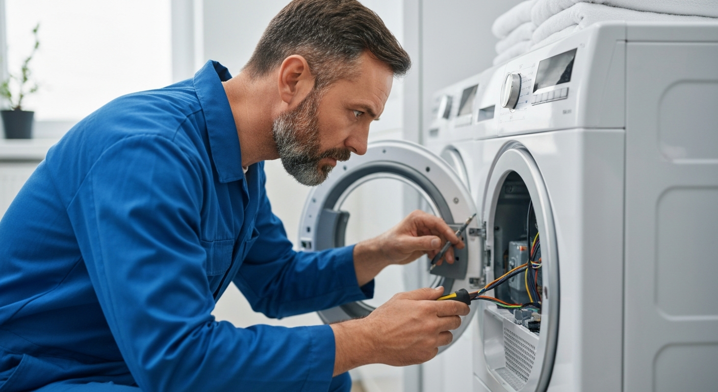 Dryer repair technician checking clothes dryer in Burnaby home