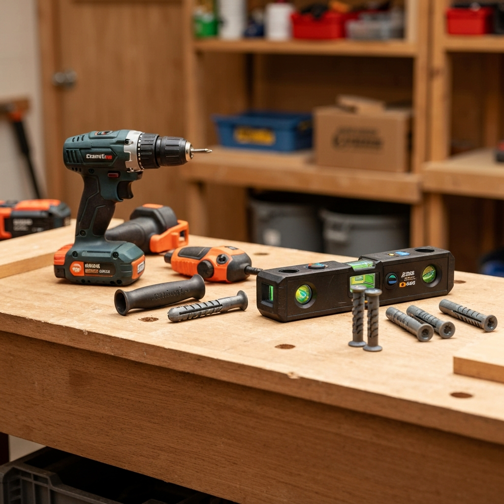Tools, anchors, and drill for wall mounting service