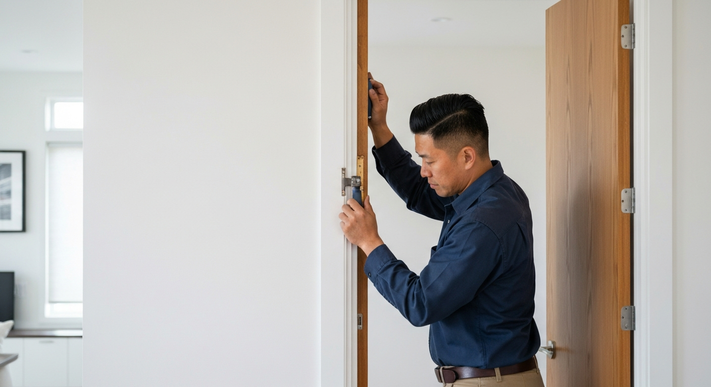 Door repair handyman adjusting interior door in Metro Vancouver home