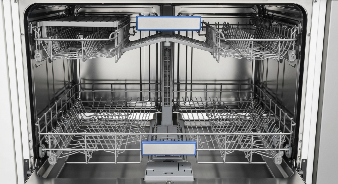Interior of a modern dishwasher showing racks and spray arm