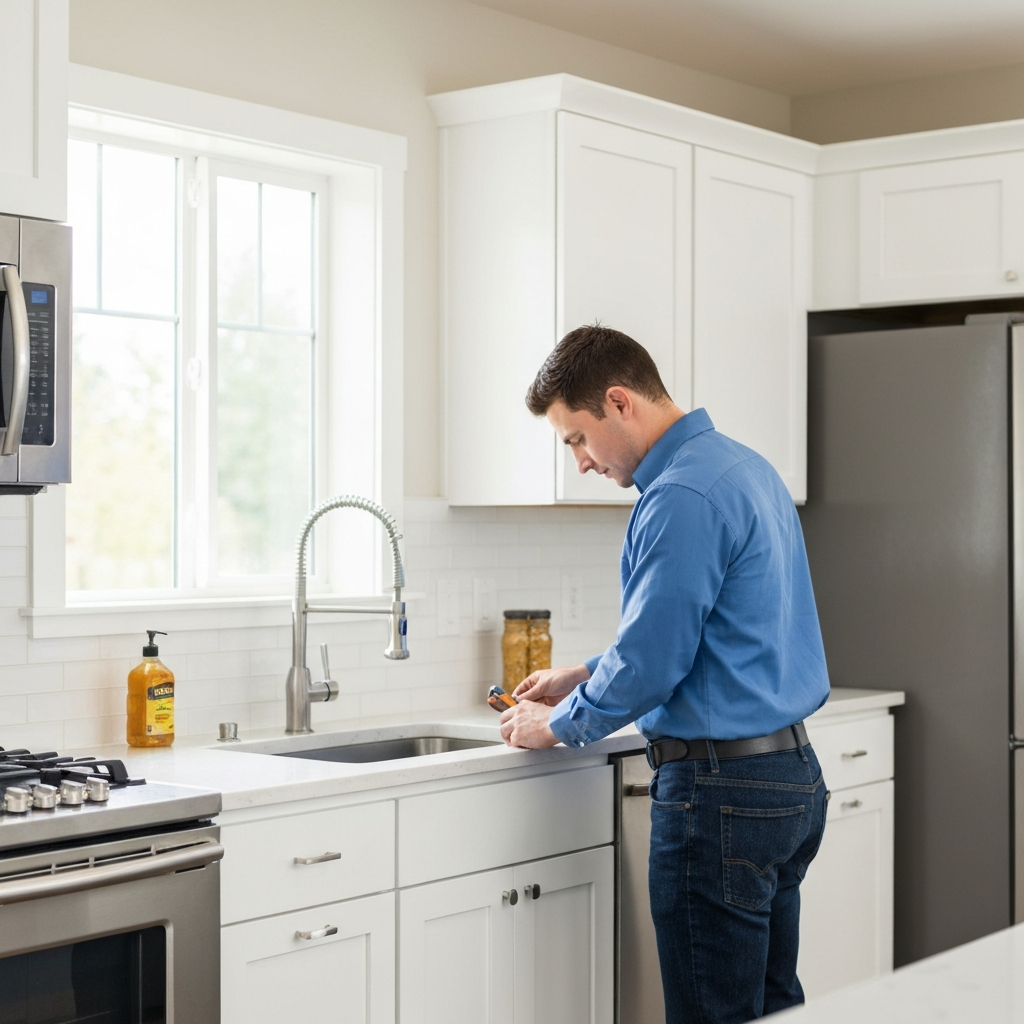 Faucet repair handyman checking kitchen sink in Metro Vancouver home