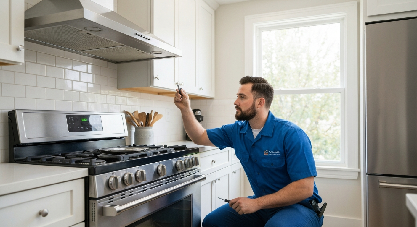 Range hood repair technician checking kitchen exhaust fan in Metro Vancouver home