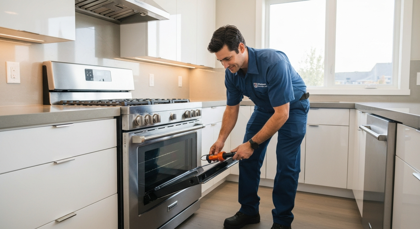 Oven repair technician checking range oven in Metro Vancouver home