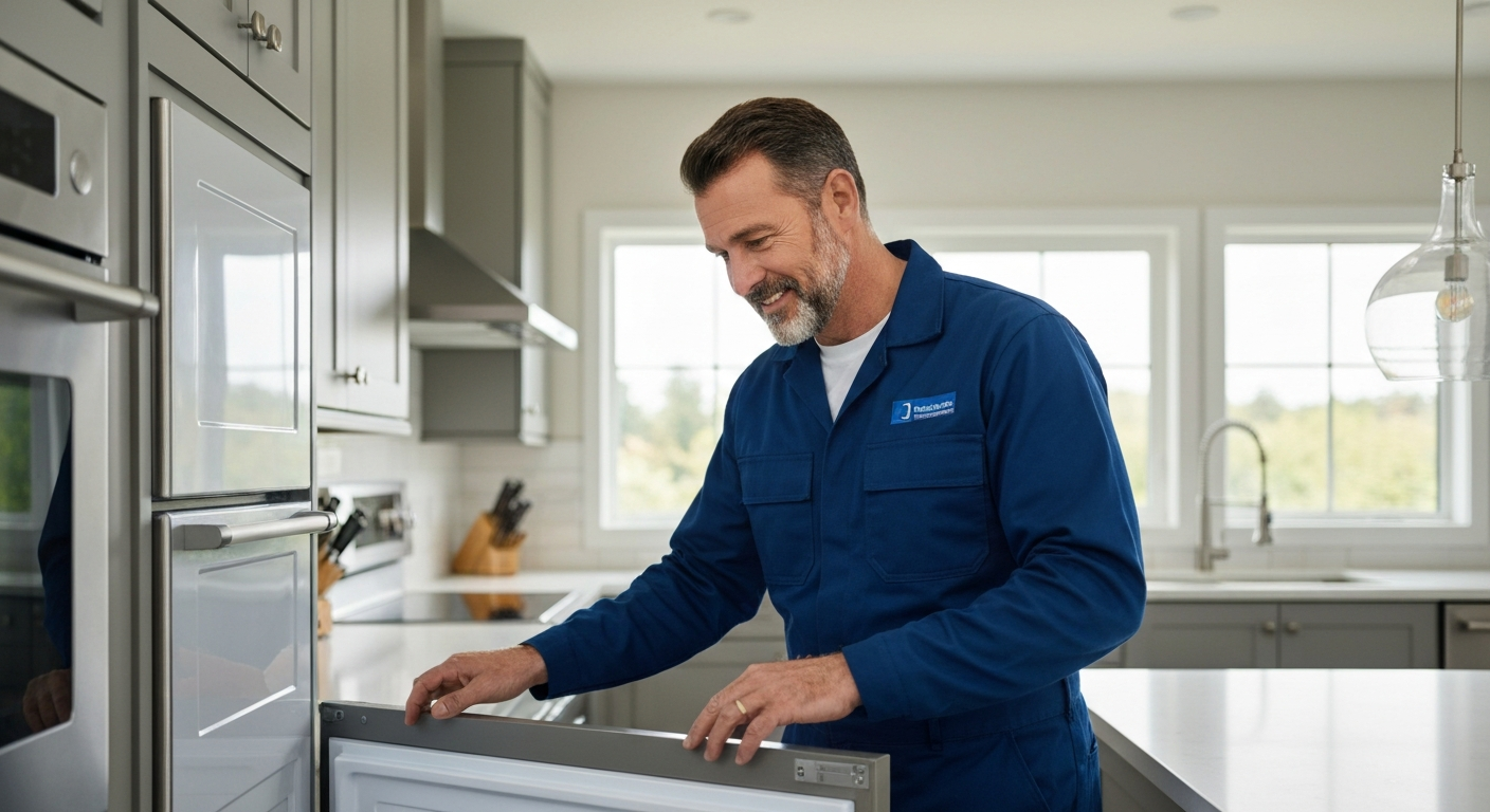 Freezer repair technician checking upright freezer in Metro Vancouver home