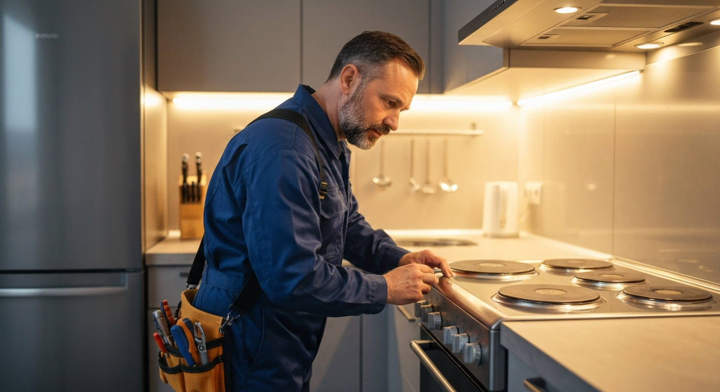 Stove repair technician checking electric stove in Burnaby home