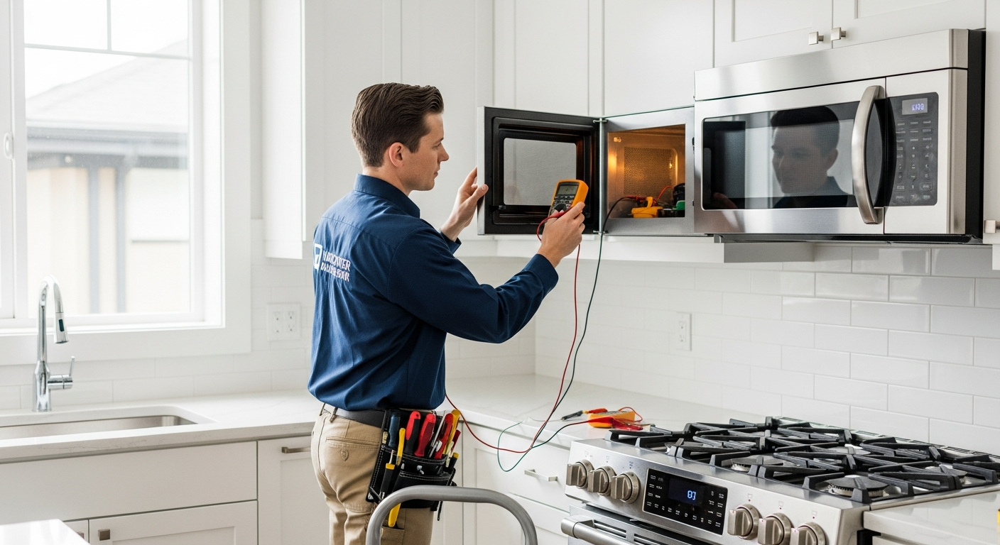 Microwave repair technician checking over-the-range microwave in Metro Vancouver home