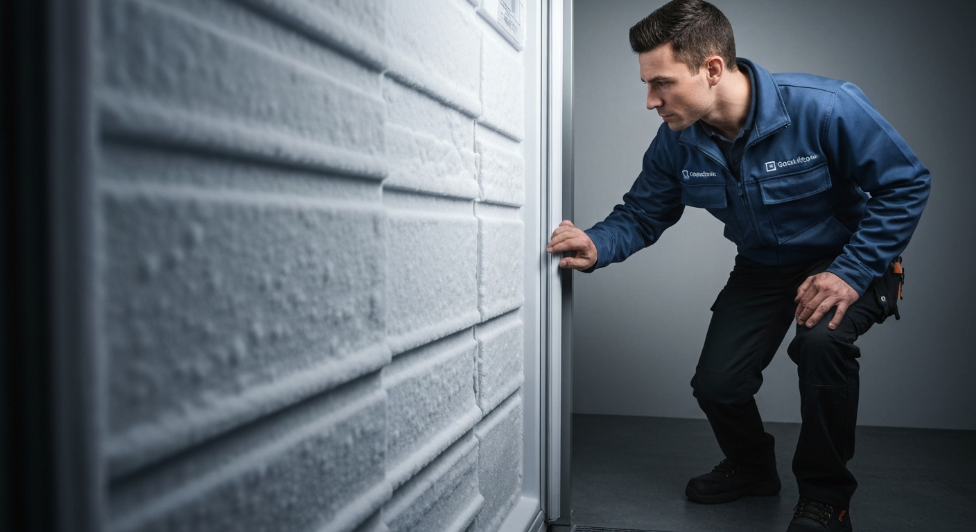 Technician inspecting freezer frost buildup