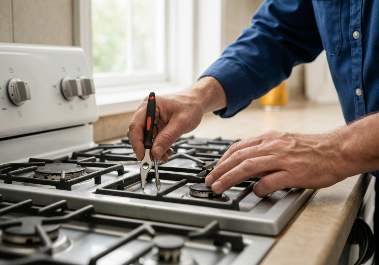Technician inspecting stove control panel