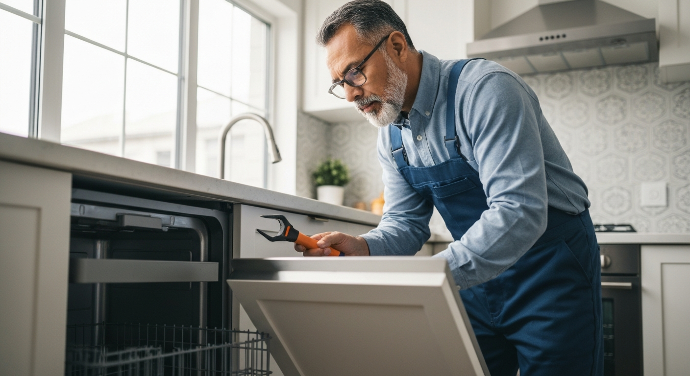 Dishwasher repair technician checking dishwasher in Burnaby home