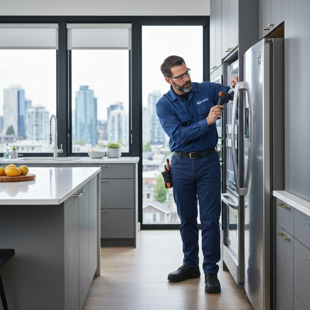 Fridge repair technician checking refrigerator in Metro Vancouver home