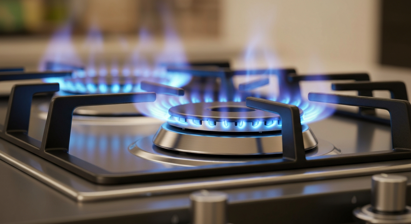 Close up of a gas stove burner with blue flame