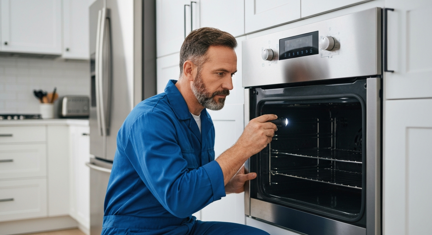 Oven repair technician checking built-in wall oven in Burnaby home