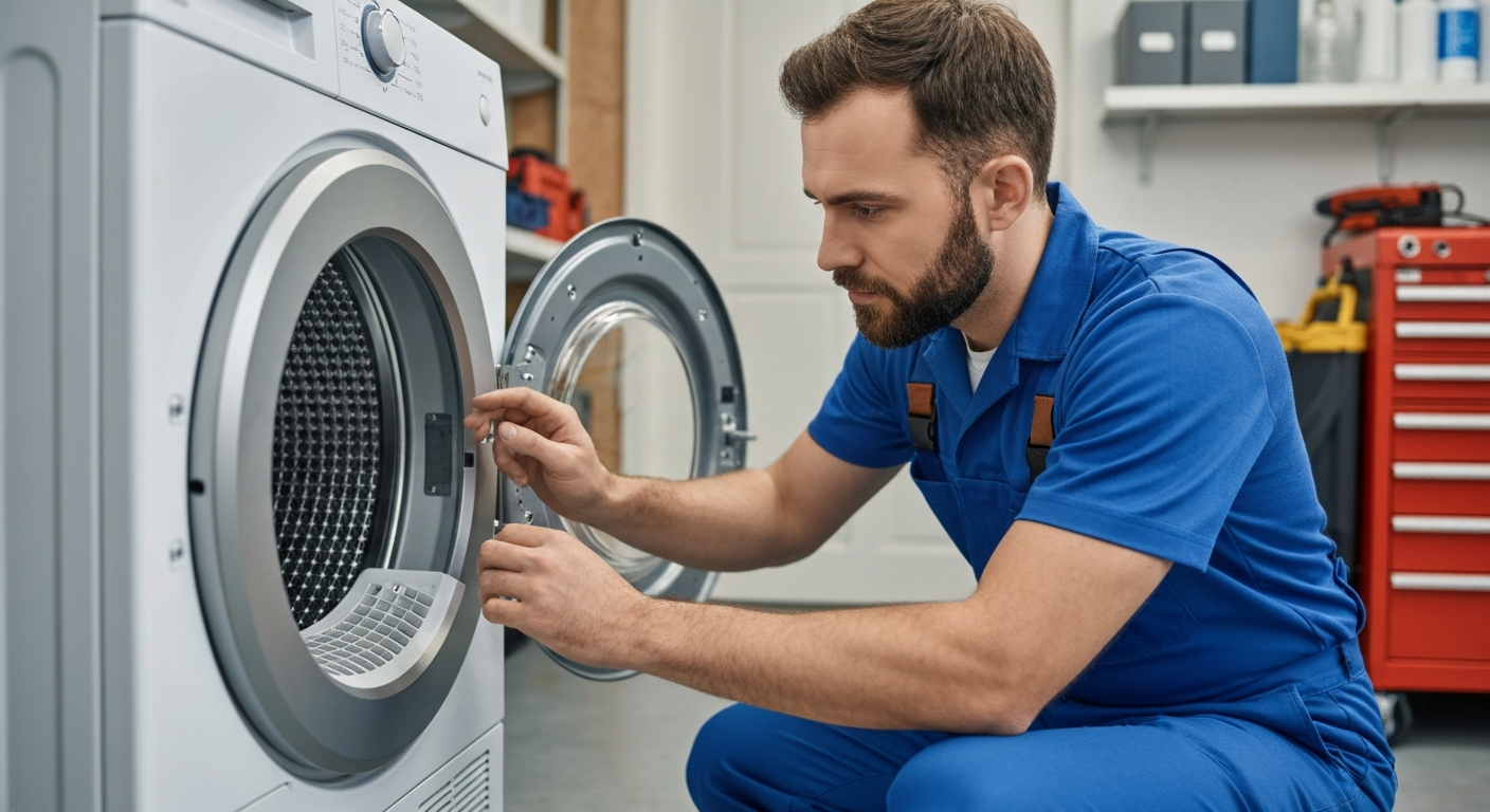 Technician inspecting dryer drum and vent area