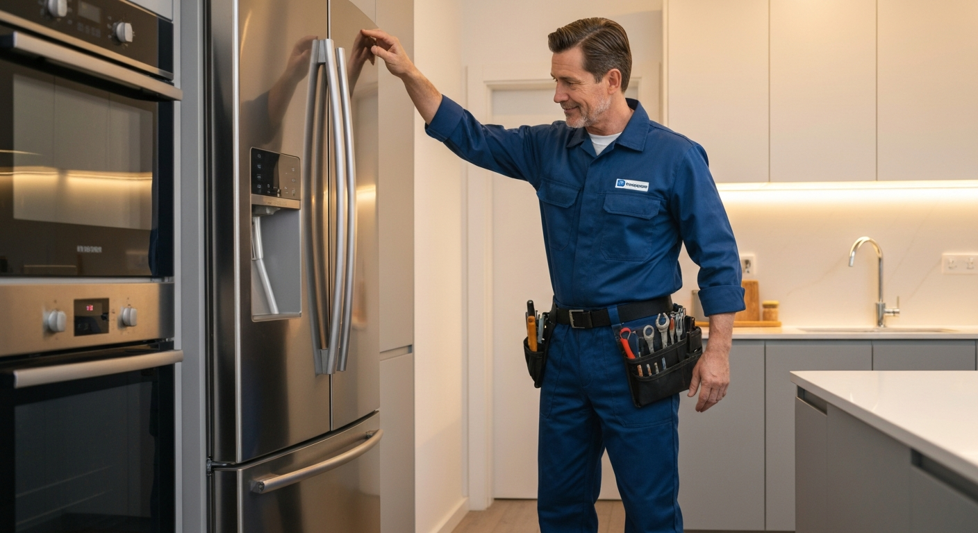 Fridge repair technician checking refrigerator in Burnaby home