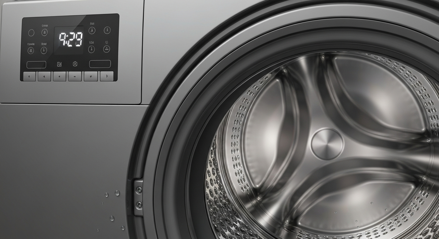 Close up of a washing machine drum and control panel