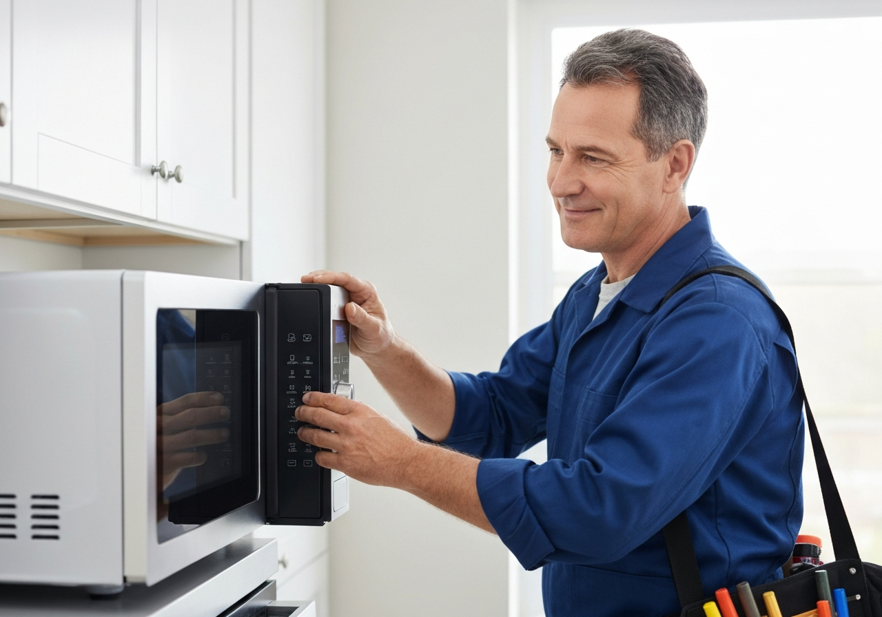 Technician inspecting microwave door latch issue