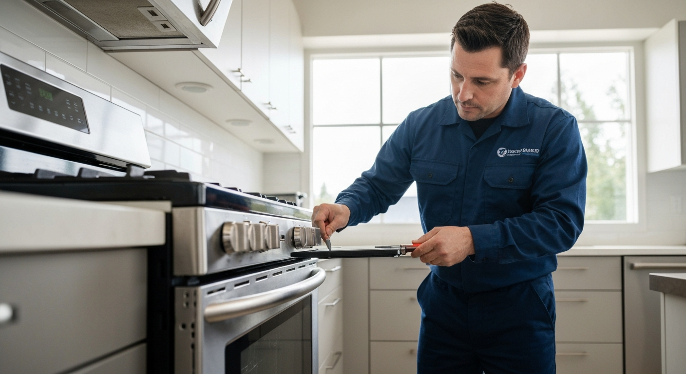 Stove repair technician checking range in Metro Vancouver home