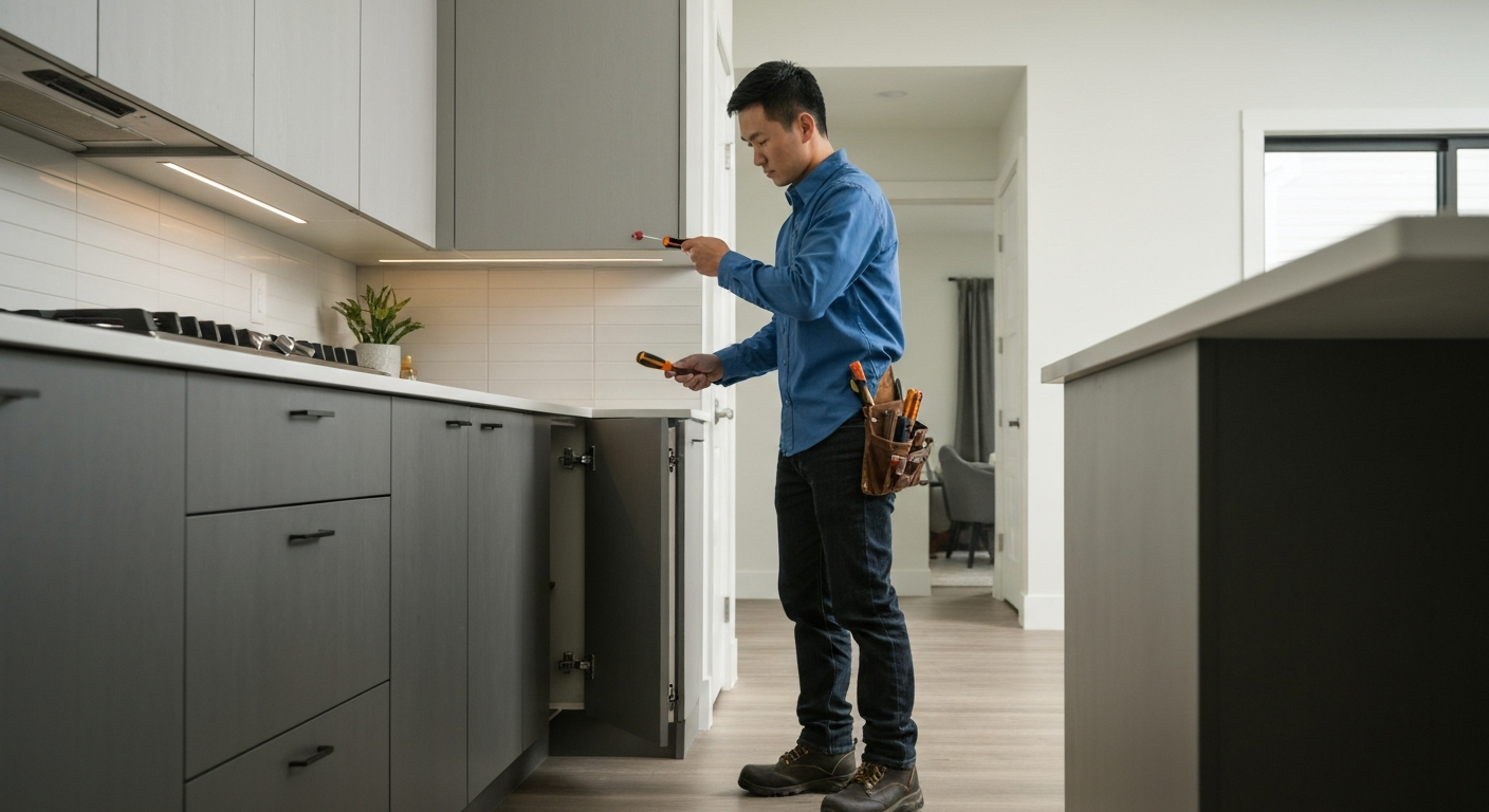 Cabinet repair handyman fixing kitchen cabinet hinge in Metro Vancouver home