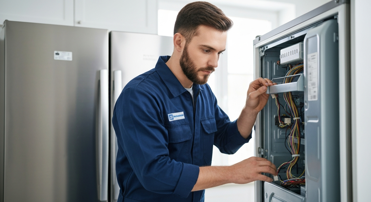 Appliance repair technician checking the back panel of a refrigerator in Vancouver