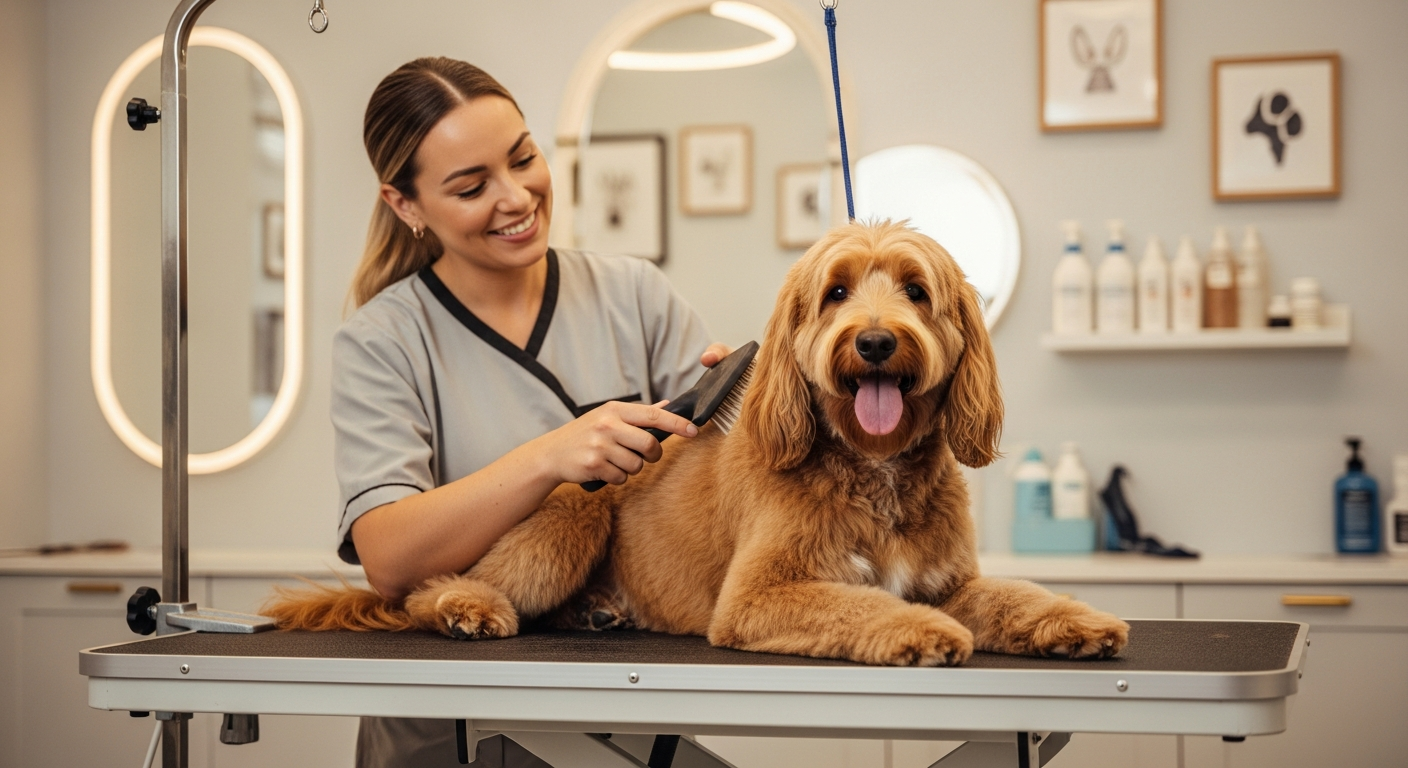 Professional groomer brushing a golden doodle