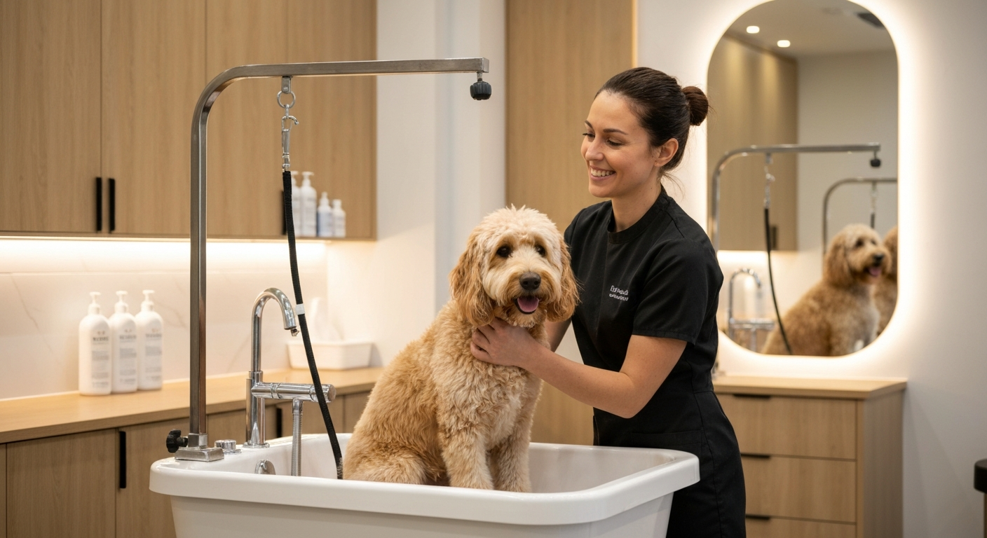 Professional groomer bathing a fluffy golden doodle