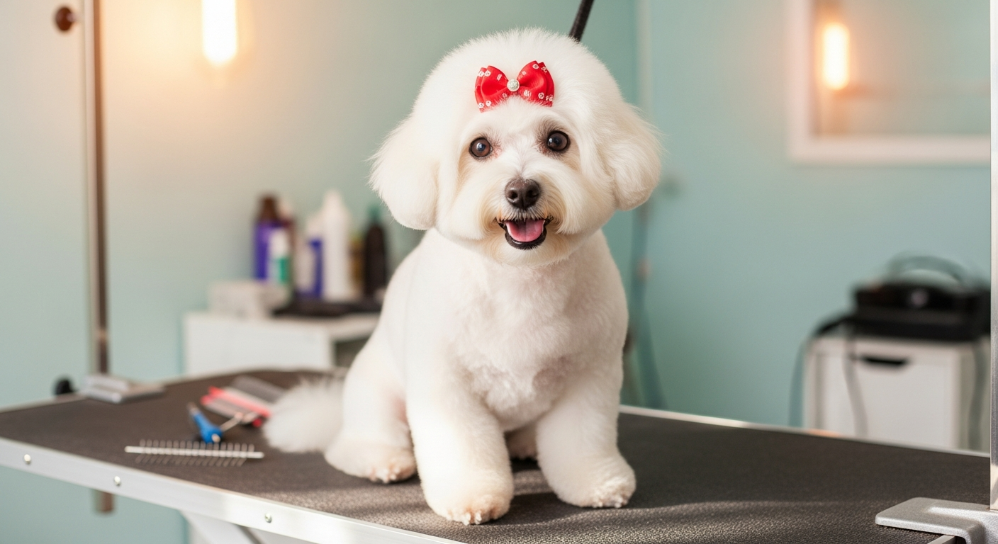 Freshly groomed fluffy white Bichon Frise