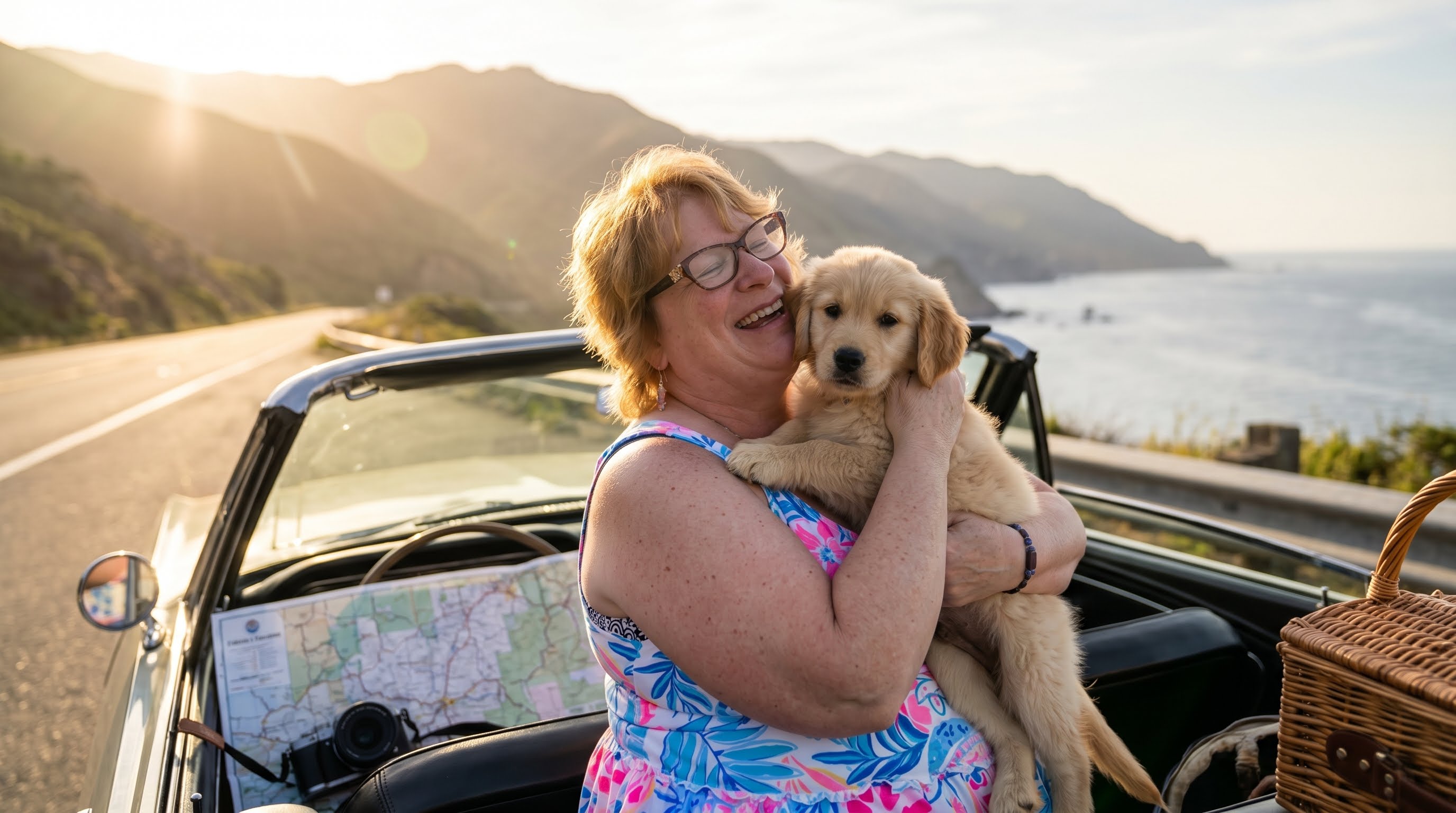 Happy pet owner hugging her golden retriever puppy